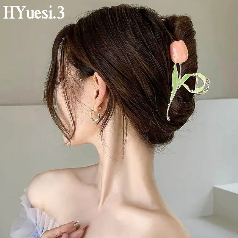 Madingos tulpės gėlės formos žnyplės, moteriškos mergaitės, didelės elegantiškos, neslystančios, tvirtos laikiklio metalinės plaukų žandikaulio segtukai kasdieniai galvos apdangalai