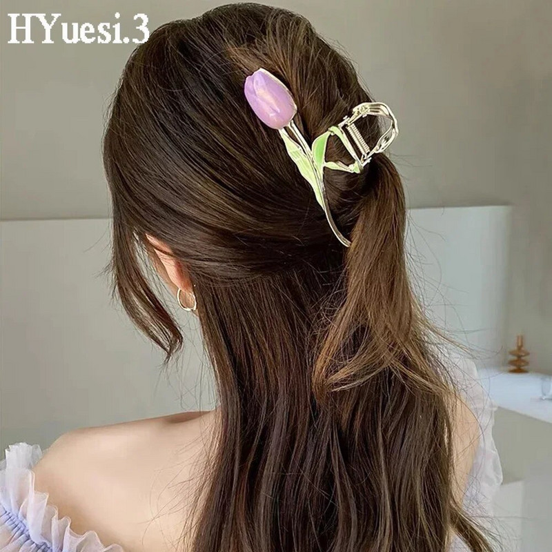 Madingos tulpės gėlės formos žnyplės, moteriškos mergaitės, didelės elegantiškos, neslystančios, tvirtos laikiklio metalinės plaukų žandikaulio segtukai kasdieniai galvos apdangalai