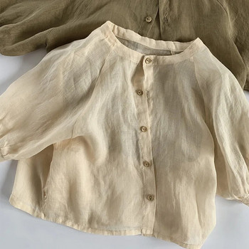 Летни модни леки обикновени бебешки горнища, едноредни ленени ризи за момичета с дълги ръкави, детски слънцезащитни дрехи за 1-8 години