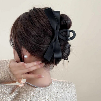 Елегантна черна сатенена шнола за коса с панделка Дамски дамски корейски големи щипки за коса с щипка за коса Матирана щипка за коса Аксесоари за коса