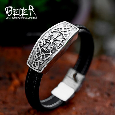 BEIER 2023 New Fashion Viking Celtic Knot Compass Runes Leather Men`s Bracelet Bangle Fashion Jewelry For Men Gift High Quality