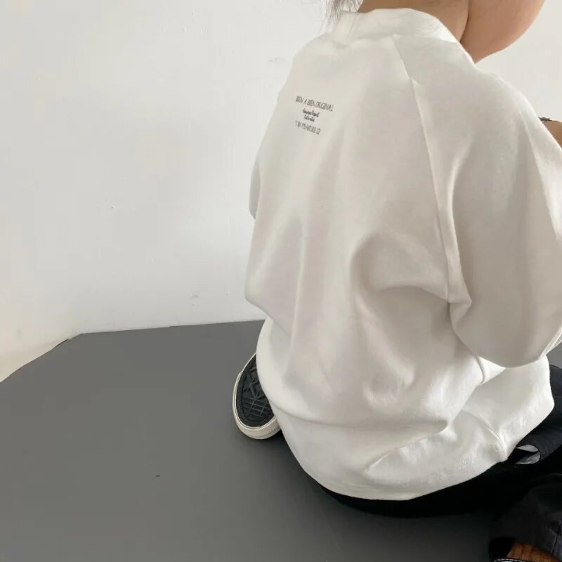 Tricouri noi de toamnă pentru copii, cu litere din spate, cu bază pe jumătate înaltă, Topuri, băieți, fete, bumbac, pulover cu mânecă lungă