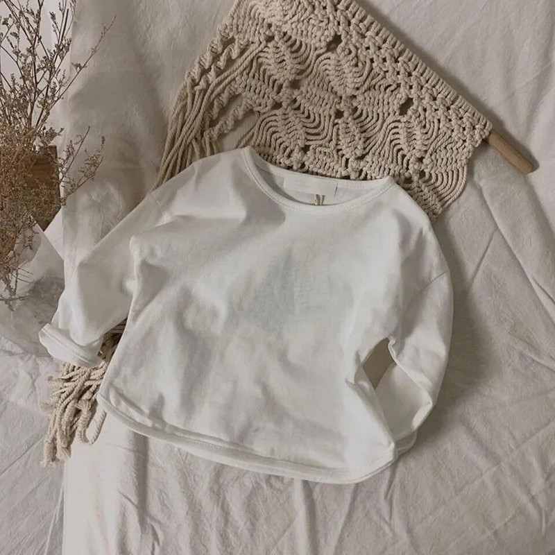 Нови детски тениски с дълъг ръкав Едноцветни тениски за момичета Памучни бебешки ежедневни горнища Свободна тениска за момчета Есенна детска тениска Бебешки дрехи