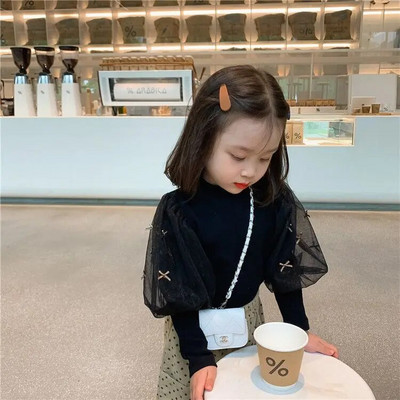 Tricou pentru fete 2021, în stil de toamnă, din fire de plasă, cu mâneci bufante, cămașă cu mânecă lungă pentru bebeluși, ocazional, dulce, drăguț, top, tricouri de design pentru copii