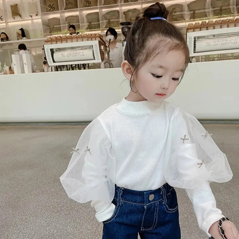 Tricou pentru fete 2021, în stil de toamnă, din fire de plasă, cu mâneci bufante, cămașă cu mânecă lungă pentru bebeluși, ocazional, dulce, drăguț, top, tricouri de design pentru copii