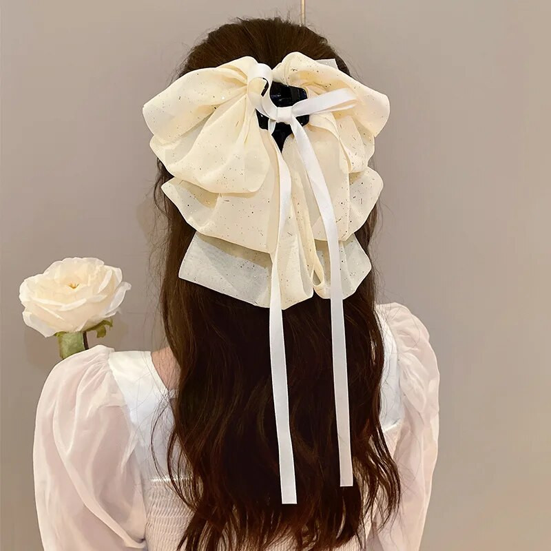 Super Zână Papioane Mari Păr Gheare Arc elegantă de culoare solidă Coada de cal Agrafă cu gheare Arc fluture din satin Femeie Fată Accesorii pentru păr