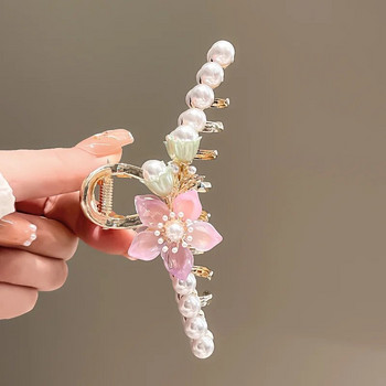 Корейски розови цветя Нокти за коса за жени Луксозни перлени щипки за коса за момичета Нежна елегантност Темперамент Eaddress Аксесоари за коса