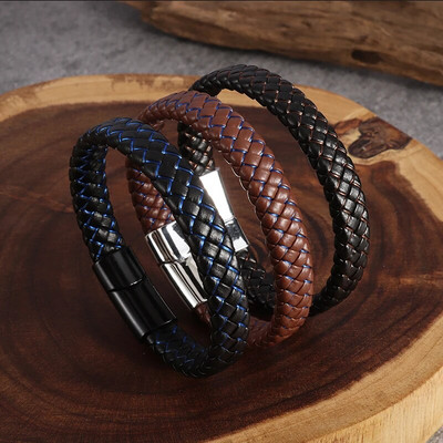 Fashion Classic Metal Magnetic Clasp Black Braided Leather Bracelet for Men Trend Punk Jewelry Gift
