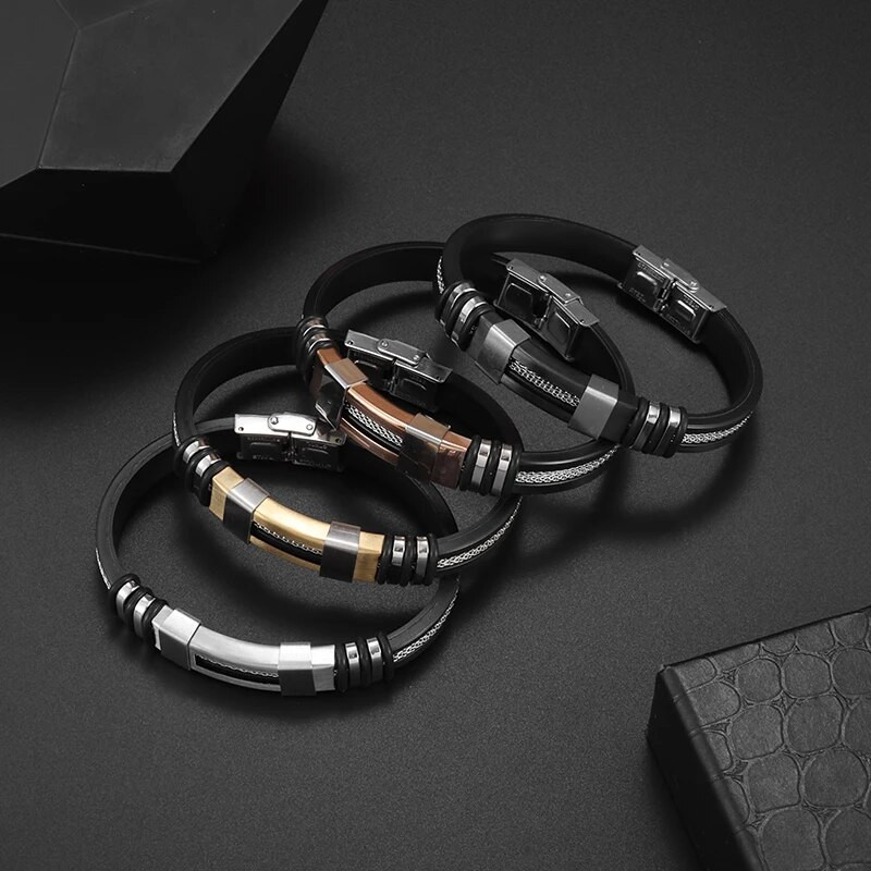 Brățară din oțel inoxidabil pentru bărbați. Bandă pentru încheietura mâinii, din silicon negru, cu ochiuri de plasă, cu inserție, brățară pentru bărbați, punk, casual