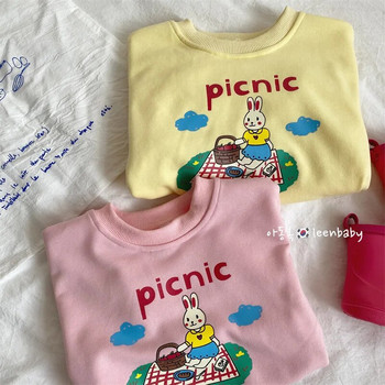 Ризи за момичета 2023 Пролет Есен Горнища за деца Корейска версия Детски пуловер с дълги ръкави Ежедневен пуловер със заек Бебешки тениски