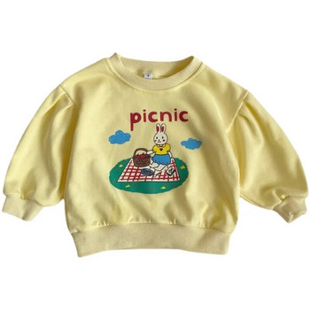 Ризи за момичета 2023 Пролет Есен Горнища за деца Корейска версия Детски пуловер с дълги ръкави Ежедневен пуловер със заек Бебешки тениски