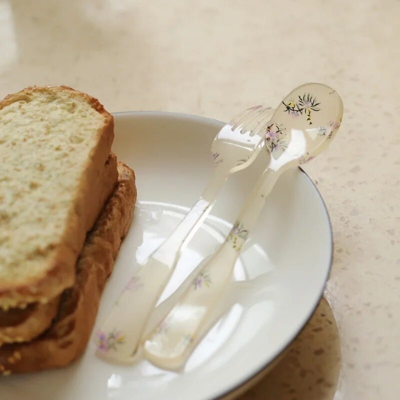 Plastikinių šakučių šaukštų rinkinys Akrilo šakutės Šaukštas Tortas Desertas Stalo reikmenys Senoviniai stalo reikmenys Gėlės arbatiniai šaukšteliai fotografijos reikmenys