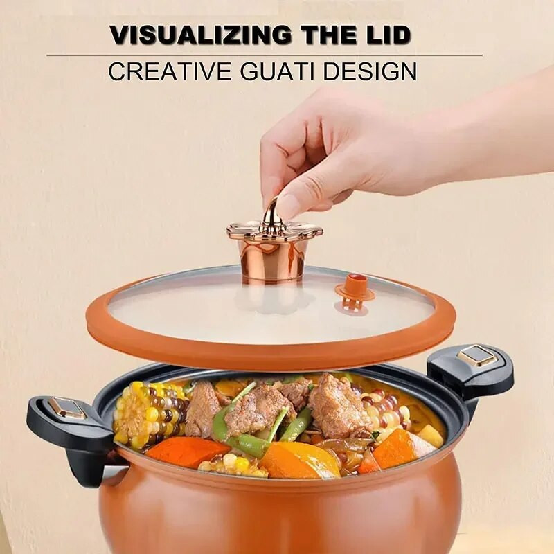 5L/8L Micro oală sub presiune Oală antiaderentă pentru supă Oală universală pentru gătit cu capac Supă în formă de dovleac Oală pentru tocană de paste Ustensile de bucătărie