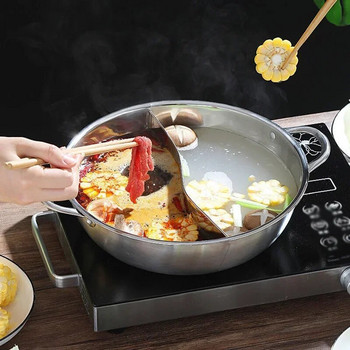 Китайска гореща тенджера с капак, удебелена неръждаема стомана, 2 в 1, разделена готварска тенджера, кухненски тиган с капак, газова печка, индукционна готварска печка