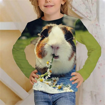 Tricou cu mânecă lungă Kawaii cu hamster drăguț Haine pentru fete, copii de la 8 până la 14 ani, păroase, imprimate cu animale, ocazional, tricou pentru copii