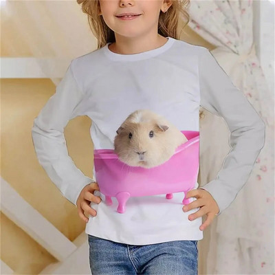 Tricou cu mânecă lungă Kawaii cu hamster drăguț Haine pentru fete, copii de la 8 până la 14 ani, păroase, imprimate cu animale, ocazional, tricou pentru copii