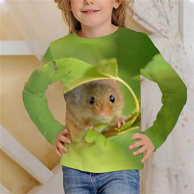 Tricou cu mânecă lungă Kawaii cu hamster drăguț Haine pentru fete, copii de la 8 până la 14 ani, păroase, imprimate cu animale, ocazional, tricou pentru copii