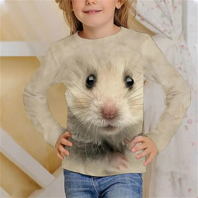 Tricou cu mânecă lungă Kawaii cu hamster drăguț Haine pentru fete, copii de la 8 până la 14 ani, păroase, imprimate cu animale, ocazional, tricou pentru copii