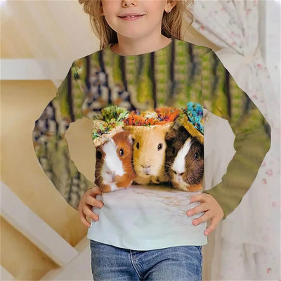Tricou cu mânecă lungă Kawaii cu hamster drăguț Haine pentru fete, copii de la 8 până la 14 ani, păroase, imprimate cu animale, ocazional, tricou pentru copii