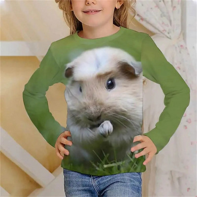 Tricou cu mânecă lungă Kawaii cu hamster drăguț Haine pentru fete, copii de la 8 până la 14 ani, păroase, imprimate cu animale, ocazional, tricou pentru copii