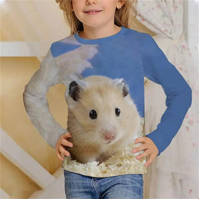 Tricou cu mânecă lungă Kawaii cu hamster drăguț Haine pentru fete, copii de la 8 până la 14 ani, păroase, imprimate cu animale, ocazional, tricou pentru copii