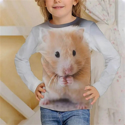 Tricou cu mânecă lungă Kawaii cu hamster drăguț Haine pentru fete, copii de la 8 până la 14 ani, păroase, imprimate cu animale, ocazional, tricou pentru copii