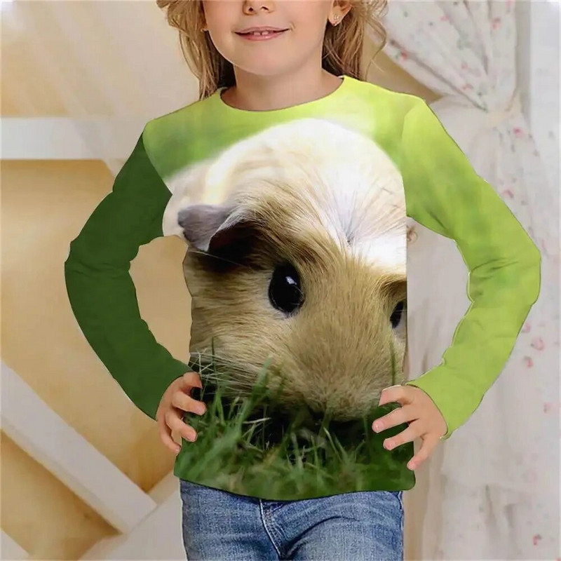 Tricou cu mânecă lungă Kawaii cu hamster drăguț Haine pentru fete, copii de la 8 până la 14 ani, păroase, imprimate cu animale, ocazional, tricou pentru copii