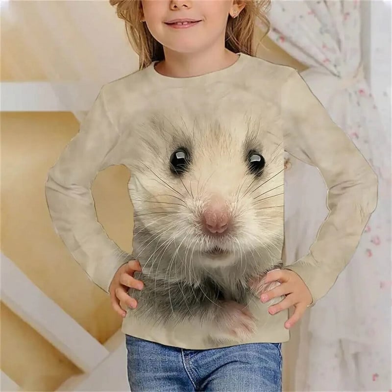 Tricou cu mânecă lungă Kawaii cu hamster drăguț Haine pentru fete, copii de la 8 până la 14 ani, păroase, imprimate cu animale, ocazional, tricou pentru copii