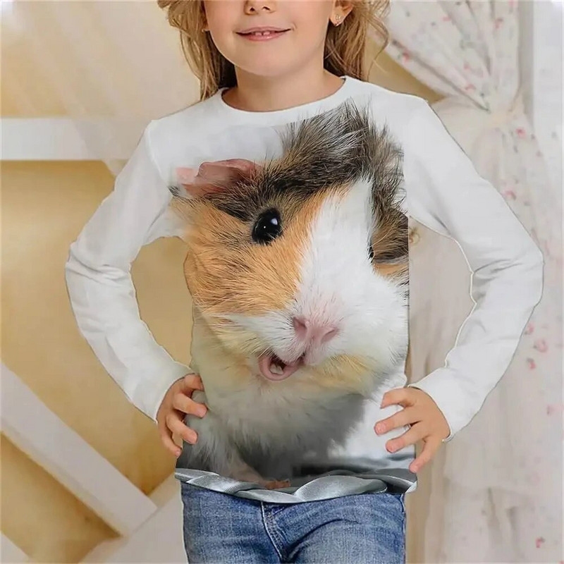 Tricou cu mânecă lungă Kawaii cu hamster drăguț Haine pentru fete, copii de la 8 până la 14 ani, păroase, imprimate cu animale, ocazional, tricou pentru copii