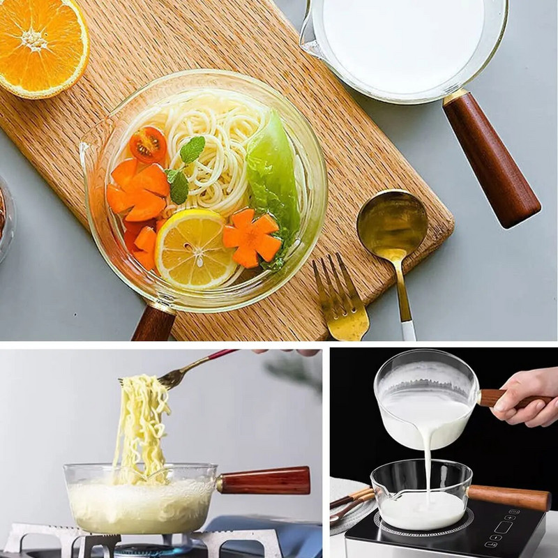 YWDL 450/650 ml raudonos medinės rankenos stiklinis pieno puodas su dangčiu dujinė viryklė Nelipnus kavos sriubos puodas Puodas Virtuvės indai