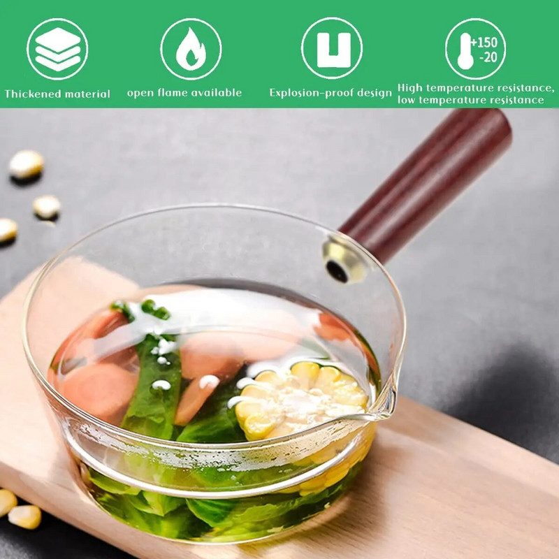 YWDL 450/650 ml raudonos medinės rankenos stiklinis pieno puodas su dangčiu dujinė viryklė Nelipnus kavos sriubos puodas Puodas Virtuvės indai