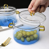 Χρωματιστή γυάλινη κατσαρόλα κουζίνας ντεγκραντέ με καπάκι Διπλό μπολ με λαβή αυτιού Οικιακή χαριτωμένη μπλε σούπα γάλακτος σαλάτα εργαλείο ανθεκτικό στη θερμότητα