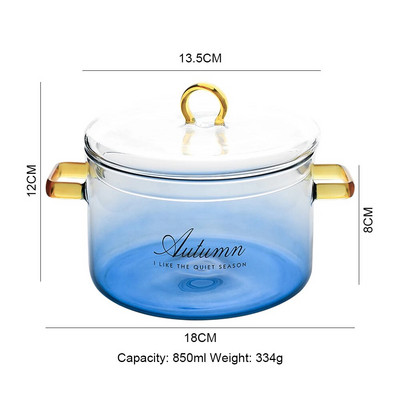 Χρωματιστή γυάλινη κατσαρόλα κουζίνας ντεγκραντέ με καπάκι Διπλό μπολ με λαβή αυτιού Οικιακή χαριτωμένη μπλε σούπα γάλακτος σαλάτα εργαλείο ανθεκτικό στη θερμότητα
