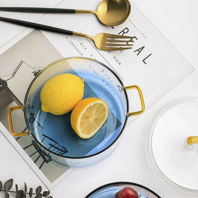 Χρωματιστή γυάλινη κατσαρόλα κουζίνας ντεγκραντέ με καπάκι Διπλό μπολ με λαβή αυτιού Οικιακή χαριτωμένη μπλε σούπα γάλακτος σαλάτα εργαλείο ανθεκτικό στη θερμότητα