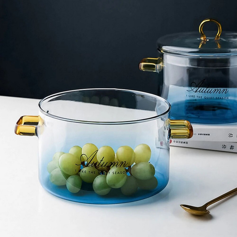 Χρωματιστή γυάλινη κατσαρόλα κουζίνας ντεγκραντέ με καπάκι Διπλό μπολ με λαβή αυτιού Οικιακή χαριτωμένη μπλε σούπα γάλακτος σαλάτα εργαλείο ανθεκτικό στη θερμότητα