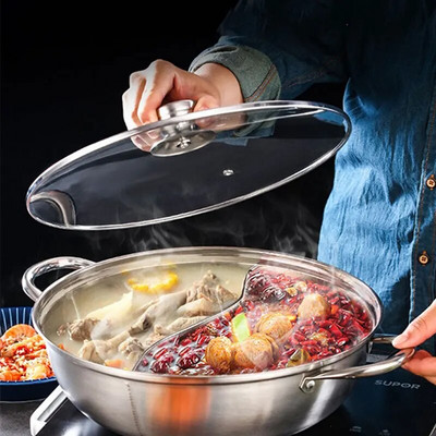 Hot Pot Индукционна готварска печка Китайски тиган за фондю 304 Hotpot от неръждаема стомана с капак Газова печка Тенджери за кухненски съдове