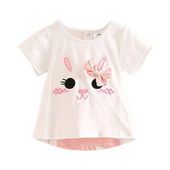 2023 Лятна памучна 2-8 годишна детска бебешка бяла розова анимационна котешка точка с панделка пачуърк тениска с къс ръкав и О-образно деколте за деца момиче