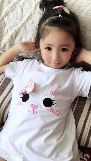 2023 Лятна памучна 2-8 годишна детска бебешка бяла розова анимационна котешка точка с панделка пачуърк тениска с къс ръкав и О-образно деколте за деца момиче