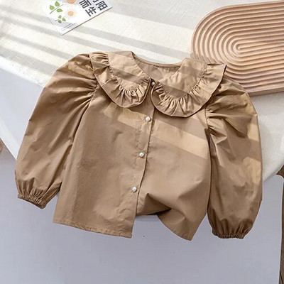 Koreai stílusú gyerekek hosszú ujjú, egyszínű ing Baby Girls Pamut felsők Gyermekruházat Őszi baba lányok alkalmi bő ing