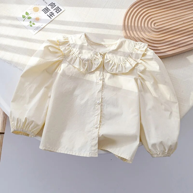 Koreai stílusú gyerekek hosszú ujjú, egyszínű ing Baby Girls Pamut felsők Gyermekruházat Őszi baba lányok alkalmi bő ing