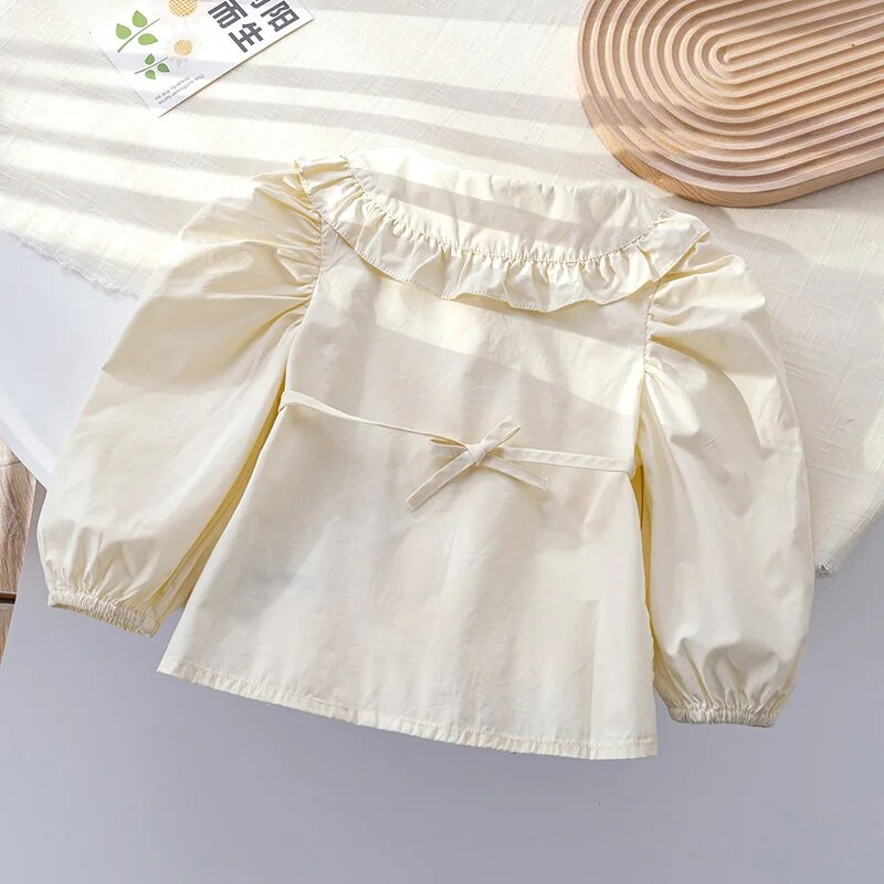 Koreai stílusú gyerekek hosszú ujjú, egyszínű ing Baby Girls Pamut felsők Gyermekruházat Őszi baba lányok alkalmi bő ing