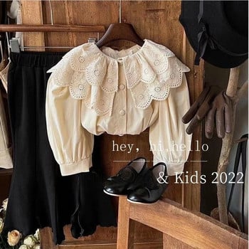 2023 г. Пролет и есен Нова ретро чуждестранна дантелена риза Детска модна едноцветна бебешка риза с дълъг ръкав