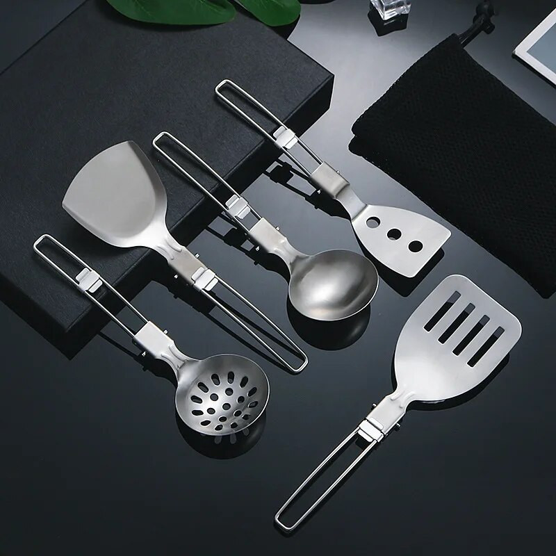 Hordozható kültéri kemping Összecsukható konyhai edények rozsdamentes acél piknik BBQ leves kanál szűrőedény sütőlapát konyhai edény