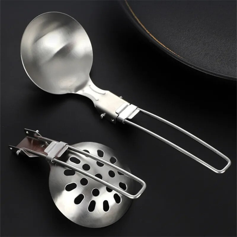 Hordozható kültéri kemping Összecsukható konyhai edények rozsdamentes acél piknik BBQ leves kanál szűrőedény sütőlapát konyhai edény