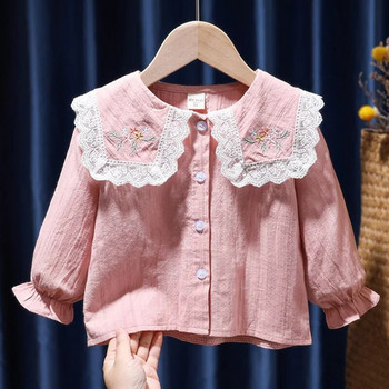 Корейско детско облекло Пролет Есен Едноцветна блуза с копчета за бродерия Модна яка за кукли Плисирана риза с дълъг ръкав Детско момиче