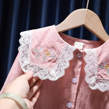 Корейско детско облекло Пролет Есен Едноцветна блуза с копчета за бродерия Модна яка за кукли Плисирана риза с дълъг ръкав Детско момиче
