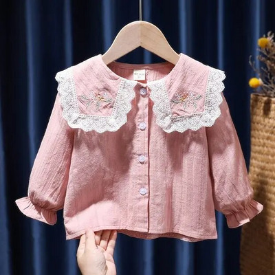 Îmbrăcăminte coreeană pentru copii, primăvară, toamnă, cu broderie solidă, bluză cu nasturi, guler pentru păpuși, cămașă cu mânecă lungă plisată pentru copii, fete