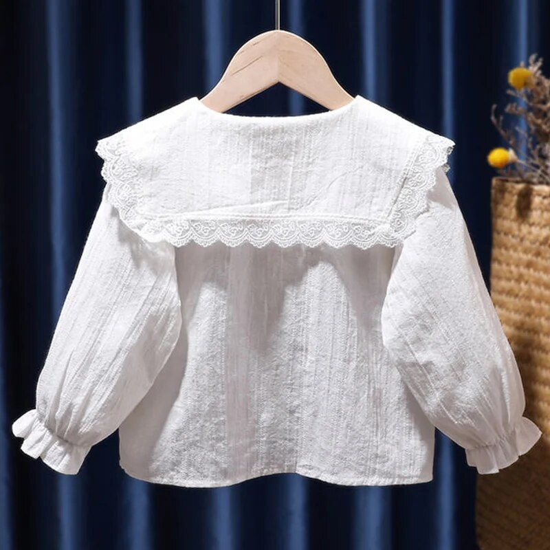 Îmbrăcăminte coreeană pentru copii, primăvară, toamnă, cu broderie solidă, bluză cu nasturi, guler pentru păpuși, cămașă cu mânecă lungă plisată pentru copii, fete