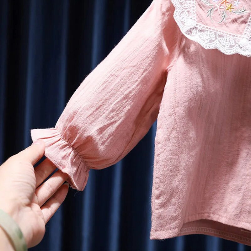 Îmbrăcăminte coreeană pentru copii, primăvară, toamnă, cu broderie solidă, bluză cu nasturi, guler pentru păpuși, cămașă cu mânecă lungă plisată pentru copii, fete