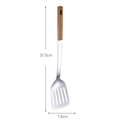 Akasztható fa fogantyú, rozsdamentes acél konyhai edények spatula leveskanál szűrőszűrő Háztartási edények Konyhai kiegészítők